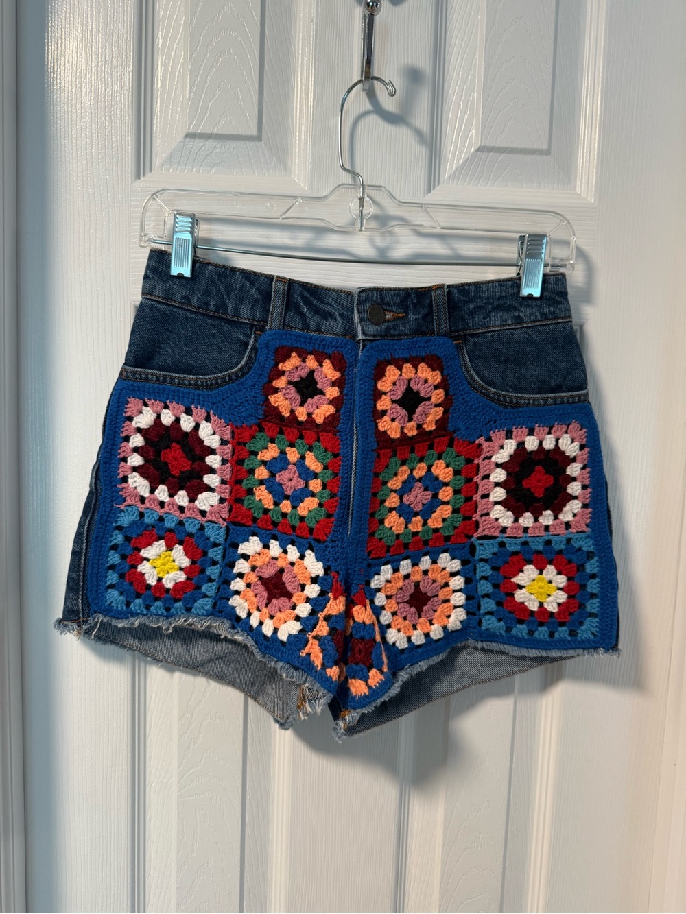 Farm Rio High Rise Denim Crochet Patchwork Shorts - Picture 4 of 9